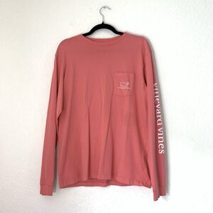 Vineyard Vines T-Shirt Men S Pink Spellout‎ Long Sleeve Whale Pocket Logo Tee